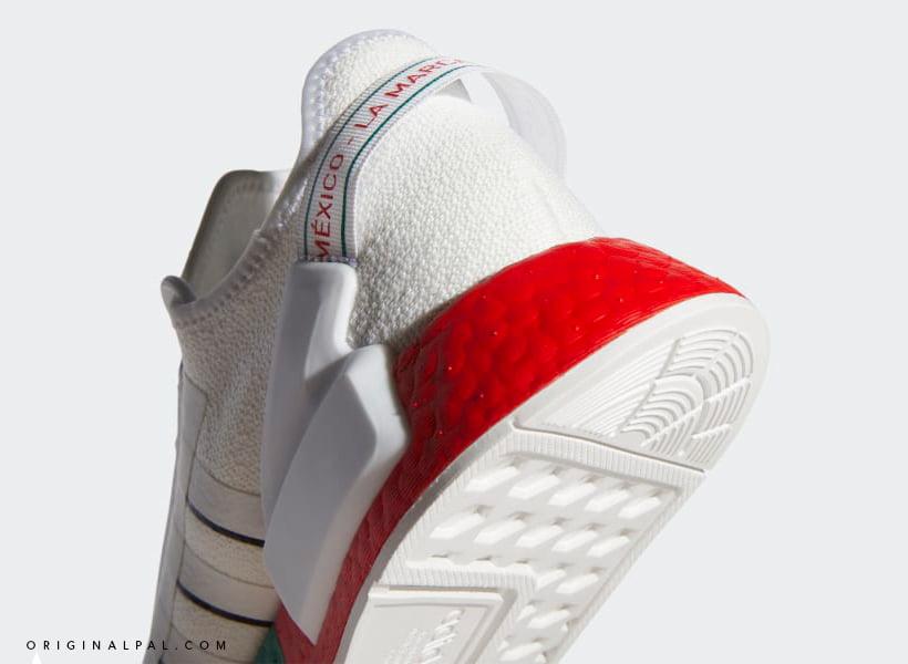 نمای زیره سفید کفش مکزیکو سیتی ادیداس و طراحی شیارها و بخش قرمز رنگ در بالای زیره